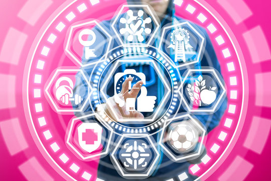 Sportsman touched a stopwatch thumb up icon on a virtual screen. Fast result sport and fit concept. Timer like workout. Client satisfaction fitness. Success training.