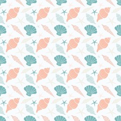 Seamless pattern with seashells and starfish on a light background