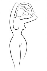 silhouette of a naked girl. simple ink drawing. black and white.