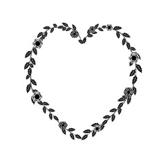 The black heart from a flower ornament on a white background. Ornament of hearts from roses and leaves. Heart symbol. Vector