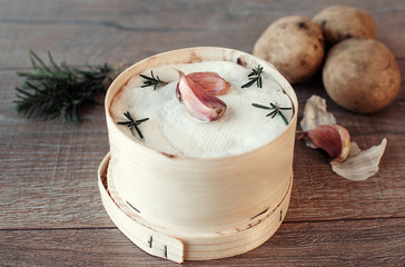 Mont d'or cheese. Traditional french authentic recipe - La boîte chaude. Delicious French Cheese.