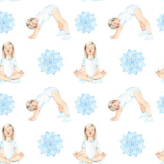 hand drawn watercolor seamless pattern consisting of girl in yoga poses