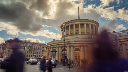 Busy street traffic at Vosstaniya Square subway station building in city of St Petersburg, Russia. 4K UHD Hyperlapse view.