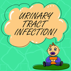 Word writing text Urinary Tract Infection. Business concept for an infection in any part of the urinary system Baby Sitting on Rug with Pacifier Book and Blank Color Cloud Speech Bubble
