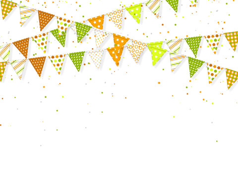 3d banting flags with confetti for Indian holidays. Decorative element in traditional tricolor of indian flag. White background. Vector illustration.