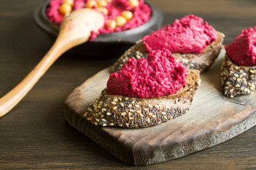 Proper diet. beetroot hummus with rye bread.