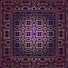 Decorative Ornament With Geometric Decoration. Symmetric Pattern . For Print Bandanna, Shawl, Tablecloth, Fabric Fashion, Scarf, Design. Purple, gold color