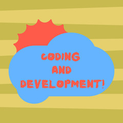 Text sign showing Coding And Development. Conceptual photo To program or create a software or any application Sun Hiding Shining Behind Blank Fluffy Color Cloud photo for Poster Ads