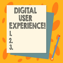 Handwriting text Digital User Experience. Concept meaning demonstrating s is emotions about using a particular product Stack of Blank Different Pastel Color Construction Bond Paper and Pencil