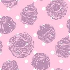 Desserts, cupcakes, pie,handmade,retro,vector illustration,Seamless pattern,pink color