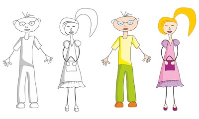 The guy in the glasses and the girl with the handbag black and white and color drawing