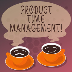 Word writing text Product Time Management. Business concept for Organizing, planning and analysisaging time effectively Sets of Cup Saucer for His and Hers Coffee Face icon with Blank Steam