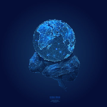 Earth and brain low poly blue