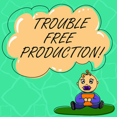 Word writing text Trouble Free Production. Business concept for Without problems or difficulties in the production Baby Sitting on Rug with Pacifier Book and Blank Color Cloud Speech Bubble