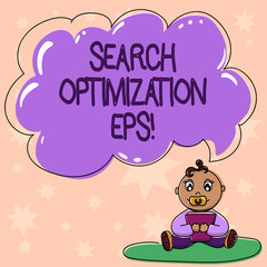Word writing text Search Optimization Eps. Business concept for process affecting the visibility of a website Baby Sitting on Rug with Pacifier Book and Blank Color Cloud Speech Bubble