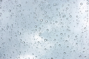 sky view through car window with rain drops.