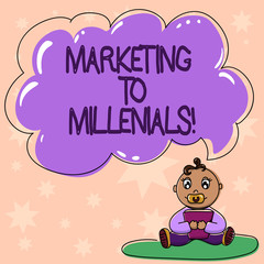 Word writing text Marketing To Millenials. Business concept for Be socially connected Internet savvy and stay mobile Baby Sitting on Rug with Pacifier Book and Blank Color Cloud Speech Bubble