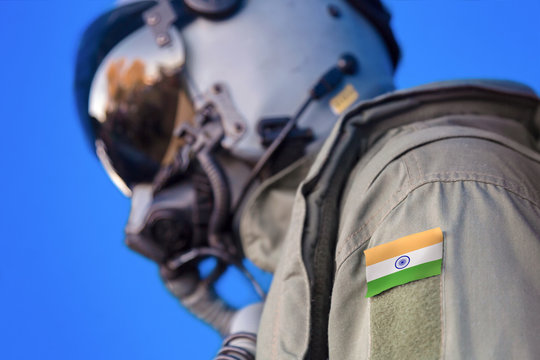Air force pilot flight suit uniform with India flag patch. Military jet aircraft pilot	