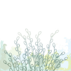 Vector bouquet with outline Willow twigs in pastel blue and green on the textured white background. Branch with blooming pussy Willow in contour style for Easter springtime design. - obrazy, fototapety, plakaty