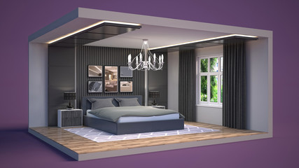 Fototapeta na wymiar Interior of the bedroom in a box. 3D illustration