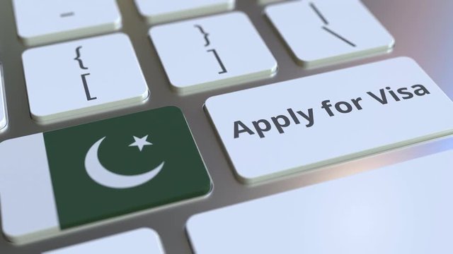 APPLY FOR VISA text and flag of Pakistan on the buttons on the computer keyboard. Conceptual 3D animation