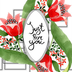 Red floral botanical flower. Watercolor background illustration set. Frame border ornament square.