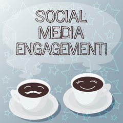 Handwriting text writing Social Media Engagement. Concept meaning Communicating in an online community platforms Sets of Cup Saucer for His and Hers Coffee Face icon with Blank Steam