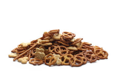 Salty cracker pretzel party mix isolated on white background