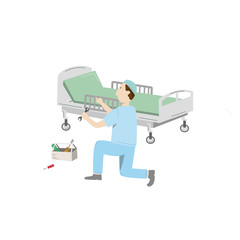 Medical equipment maintenance. An technician repair hospital bed. Vector illustration isolated on white