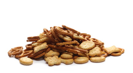 Salty cracker pretzel party mix isolated on white background