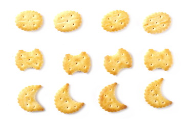 Salty cracker pretzel party mix, set and collection isolated on white background, top view