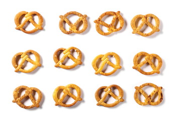 Salty cracker pretzel party mix, set and collection isolated on white background, top view