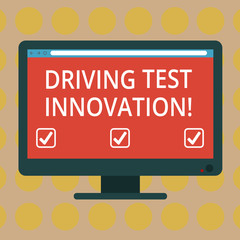 Word writing text Driving Test Innovation. Business concept for Advance car assessment and testing before buying it Blank Computer Desktop Monitor Color Screen Mounted with Progress Bar