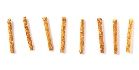 Salty cracker pretzel party mix, set and collection isolated on white background, top view