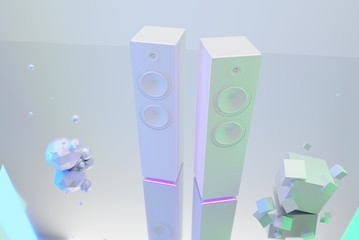 White candy-neon audio loudspeakers standing on white background with pastel colors and artistic object in area. 3D rendering.