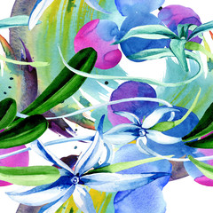 Blue Rare orchid. Floral botanical flower. Watercolor background illustration set. Seamless background pattern.