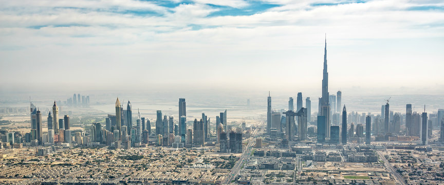 Panoramic aerial view of Dubai skyline, United Arab Emirates