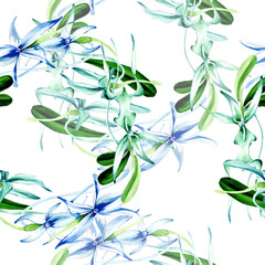 Blue Rare orchid. Floral botanical flower. Watercolor background illustration set. Seamless background pattern.