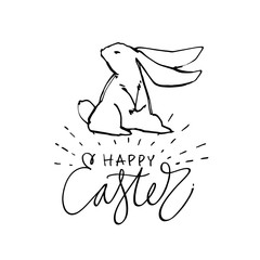 Cute rabbits, hand draw illustration with letterings phrases-Happy Easter. Draw vector illustration set character design of cute rabbit.