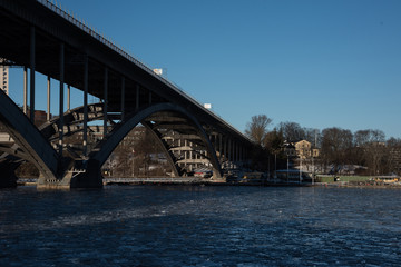 Bridges and frozen lakes at the waterfront in Stockholm a Sunny Icy Day