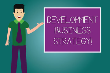 Conceptual hand writing showing Development Business Strategy. Business photo showcasing Longterm business planning Strategic plan Man with Tie Talking Presenting Blank Color Square Board