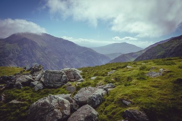 mountains at welsh countryside, snowdonia national park landscapes