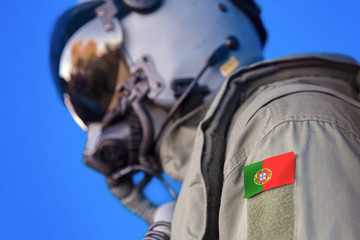 Air force pilot flight suit uniform with Portugal flag patch. Military jet aircraft pilot	
