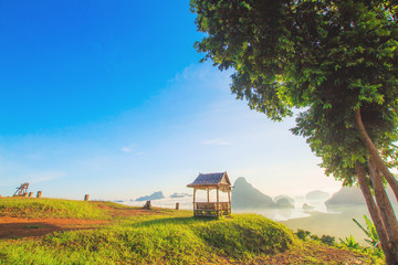 Morning light tour with mountains near the sea, Samed Nang Chee viewpoint tropical zone in Phang Nga Thailand.