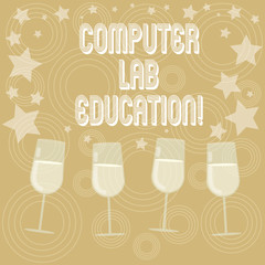 Writing note showing Computer Lab Education. Business photo showcasing Room or space equipped with computers use in a school Filled Cocktail Wine Glasses with Scattered Stars as Confetti Stemware