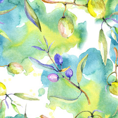 Obraz na płótnie Canvas Olive watercolor illustration set. Green leaf. Leaf plant botanical floral foliage. Seamless background pattern.