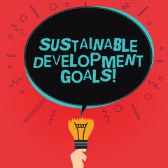Writing note showing Sustainable Development Goals. Business photo showcasing Unite Nations Global vision for huanalysisity Oval Speech Bubble Above a Broken Bulb with Failed Idea icon