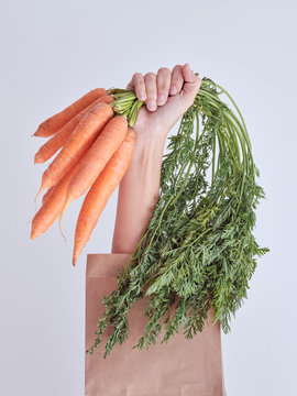 Person hand reached out from packet and holding carrots