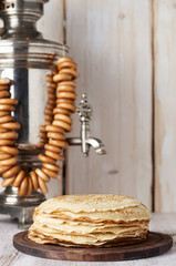 Shrovetide Maslenitsa Butter Week festival meal. Stack of russian pancakes blini