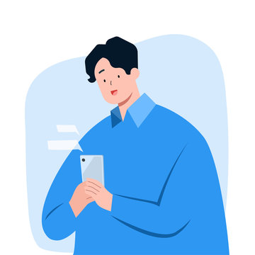Young man texting message on smartphone, vector character illustration.